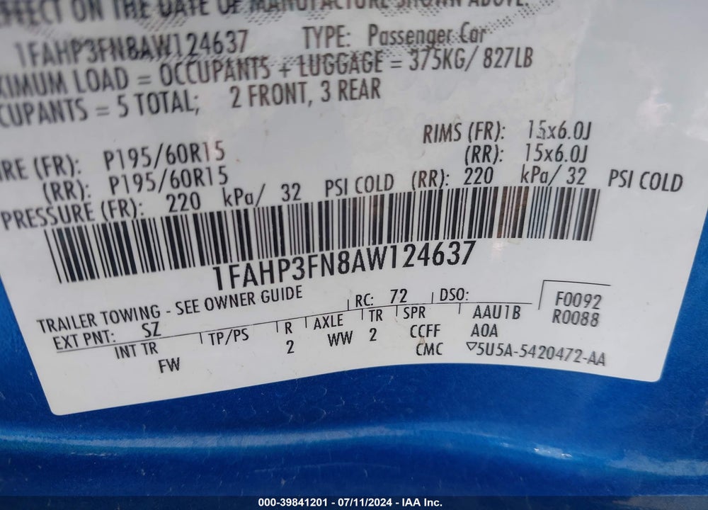 2010 FORD FOCUS SE VIN: 1FAHP3FN8AW124637