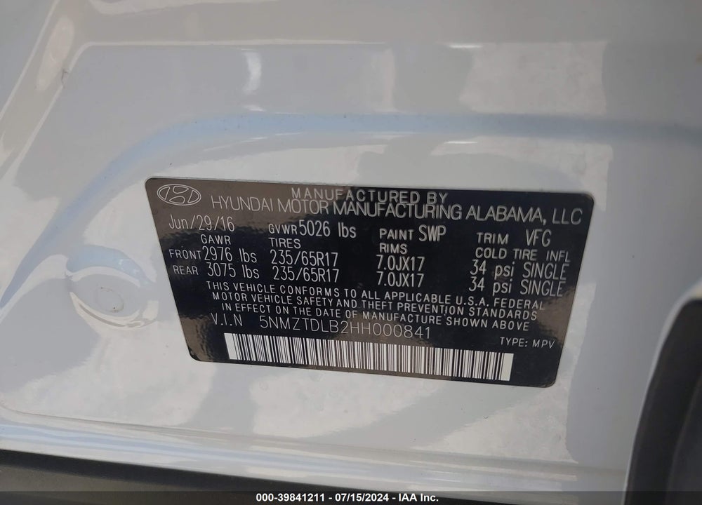 2017 HYUNDAI SANTA FE SPORT 2.4L VIN: 5NMZTDLB2HH000841