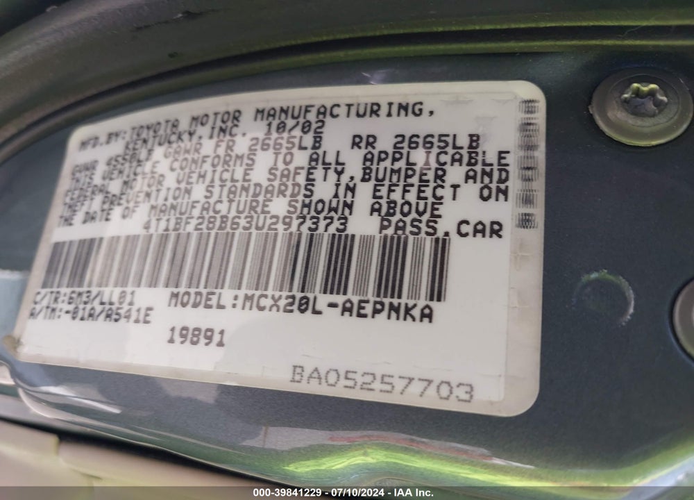2003 TOYOTA AVALON XL VIN: 4T1BF28B63U297373