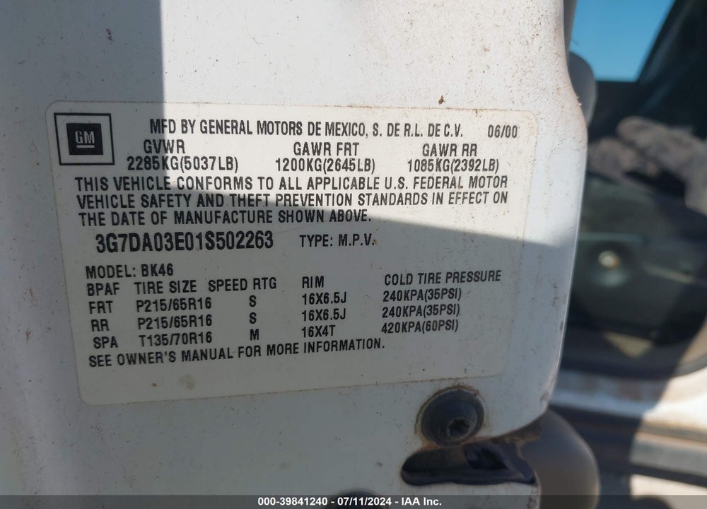 2001 PONTIAC AZTEK GT VIN: 3G7DA03E01S502263
