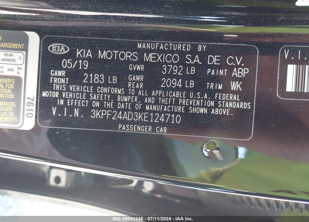 2019 KIA FORTE LXS VIN: 3KPF24AD3KE124710