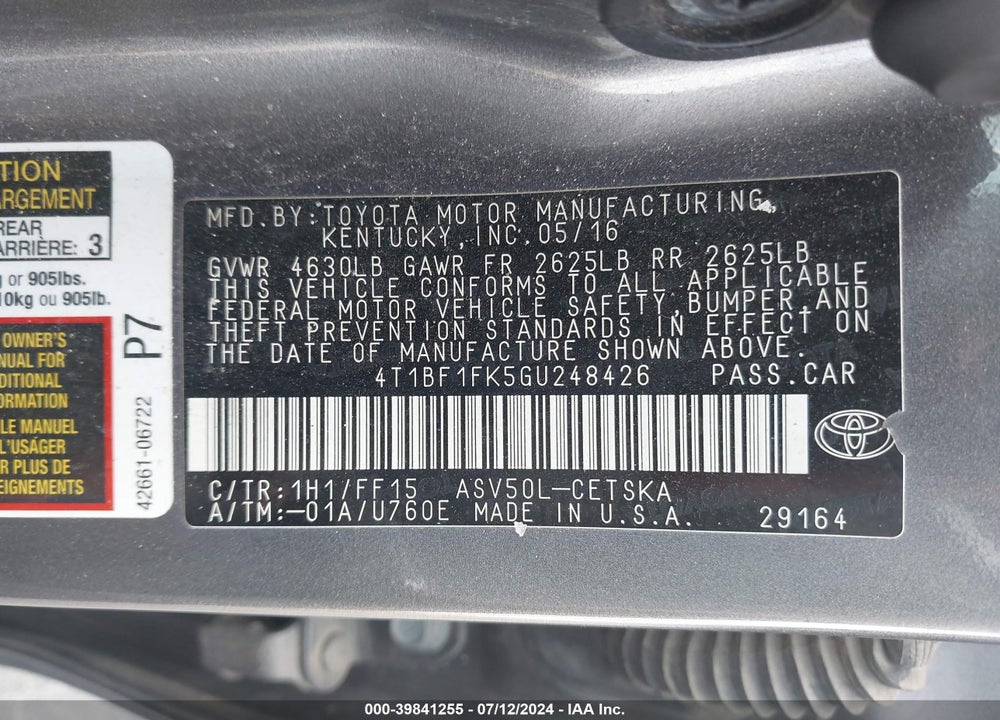 2016 TOYOTA CAMRY SE VIN: 4T1BF1FK5GU248426