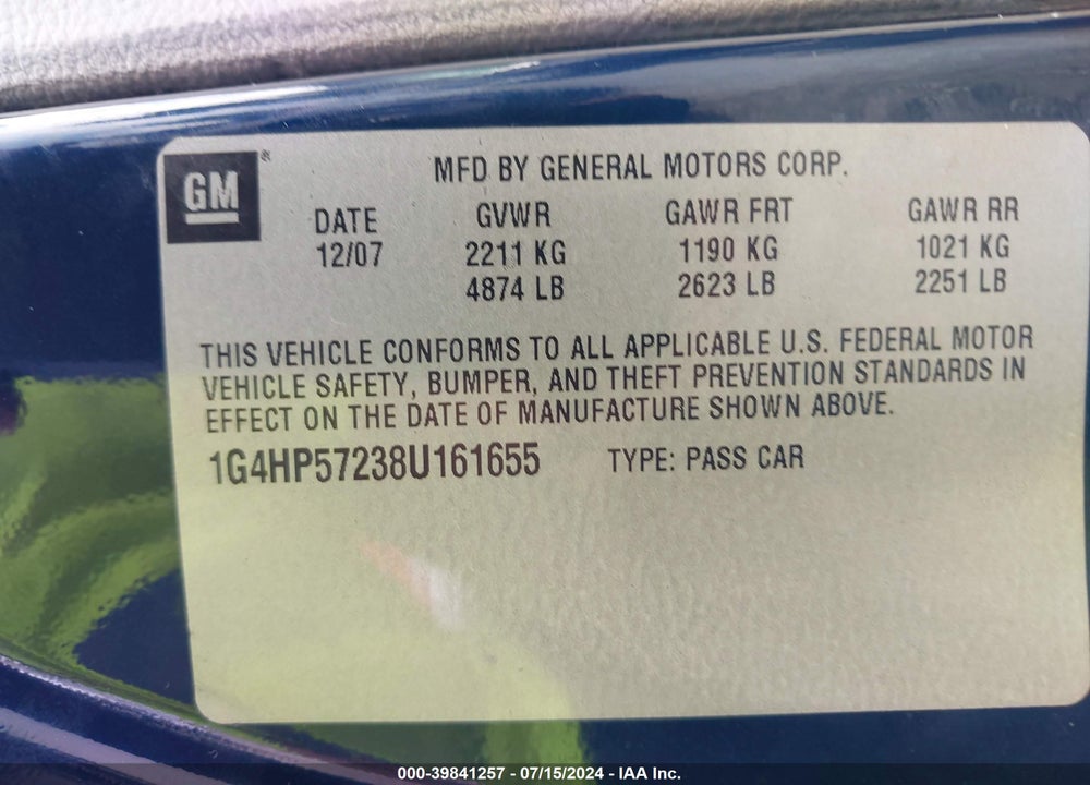 2008 BUICK LUCERNE CX VIN: 1G4HP57238U161655