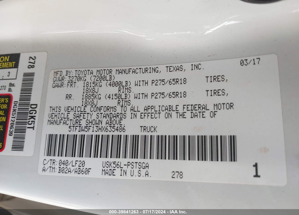 2017 TOYOTA TUNDRA TRD PRO 5.7L V8 VIN: 5TFDW5F13HX635486