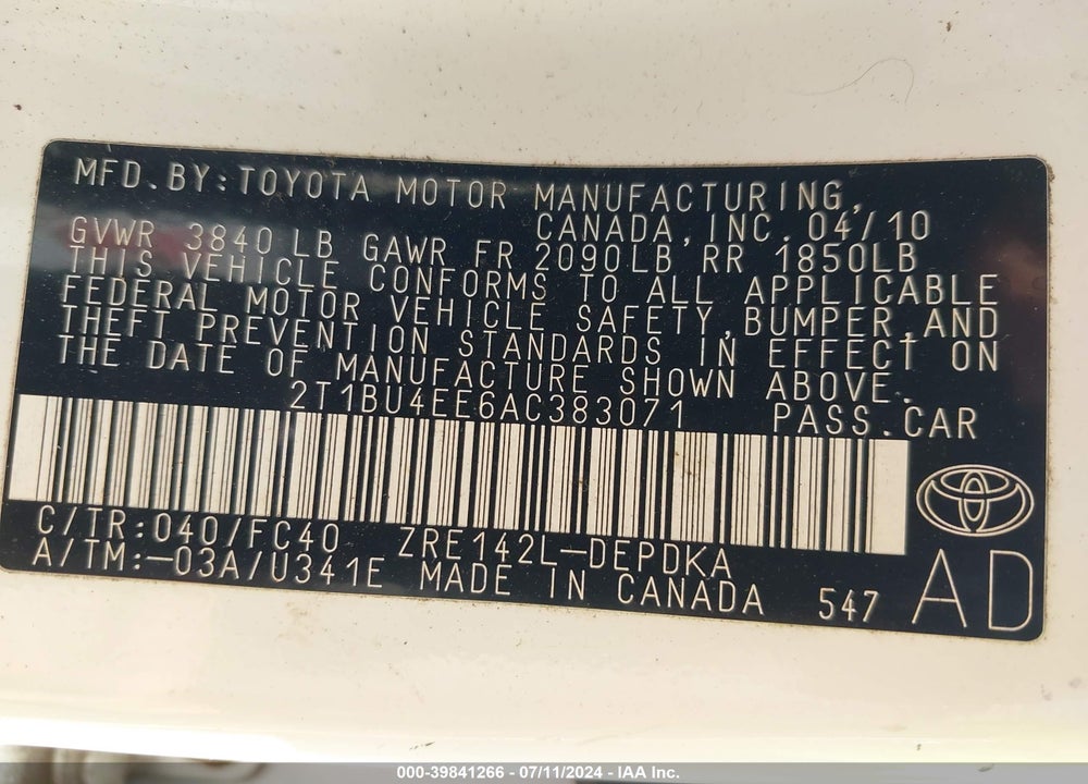 2010 TOYOTA COROLLA LE VIN: 2T1BU4EE6AC383071
