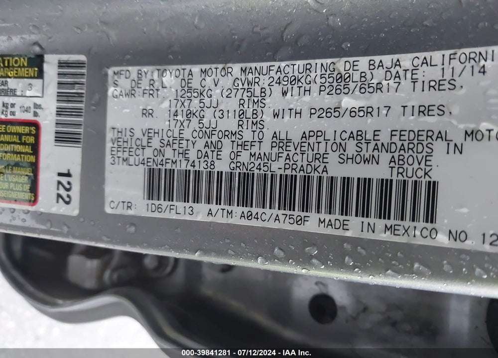 2015 TOYOTA TACOMA BASE V6 VIN: 3TMLU4EN4FM174138