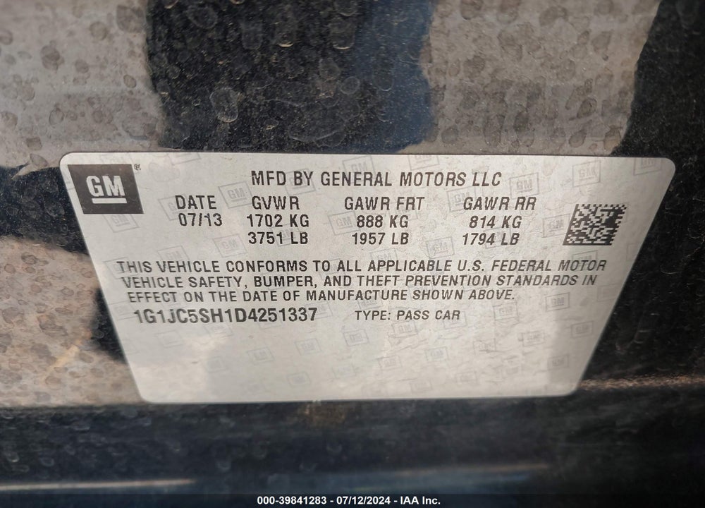 2013 CHEVROLET SONIC LT AUTO VIN: 1G1JC5SH1D4251337