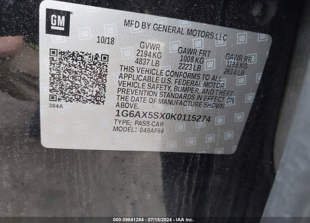 2019 CADILLAC CTS LUXURY VIN: 1G6AX5SX0K0115274