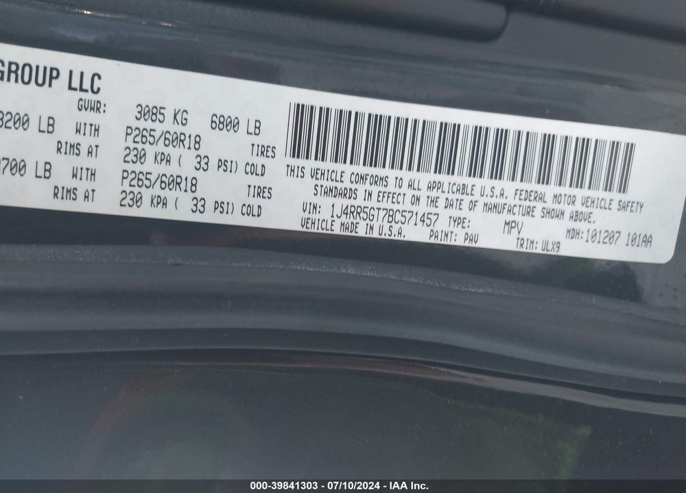 2011 JEEP GRAND CHEROKEE LIMITED VIN: 1J4RR5GT7BC571457