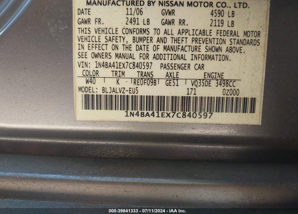 2007 NISSAN MAXIMA 3.5 SE VIN: 1N4BA41EX7C840597