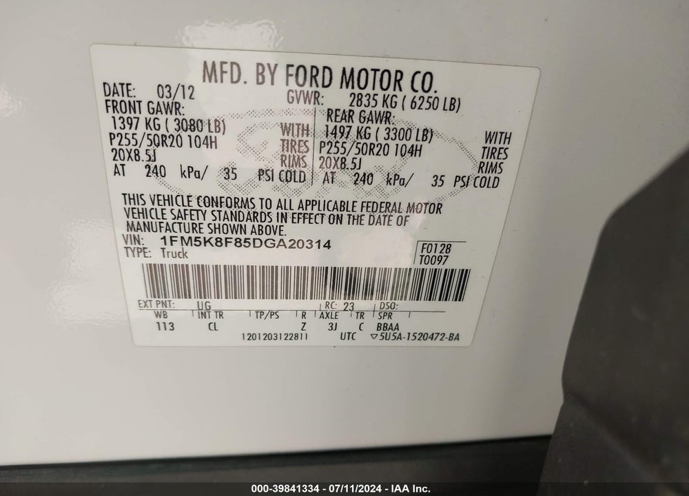 2013 FORD EXPLORER LIMITED VIN: 1FM5K8F85DGA20314