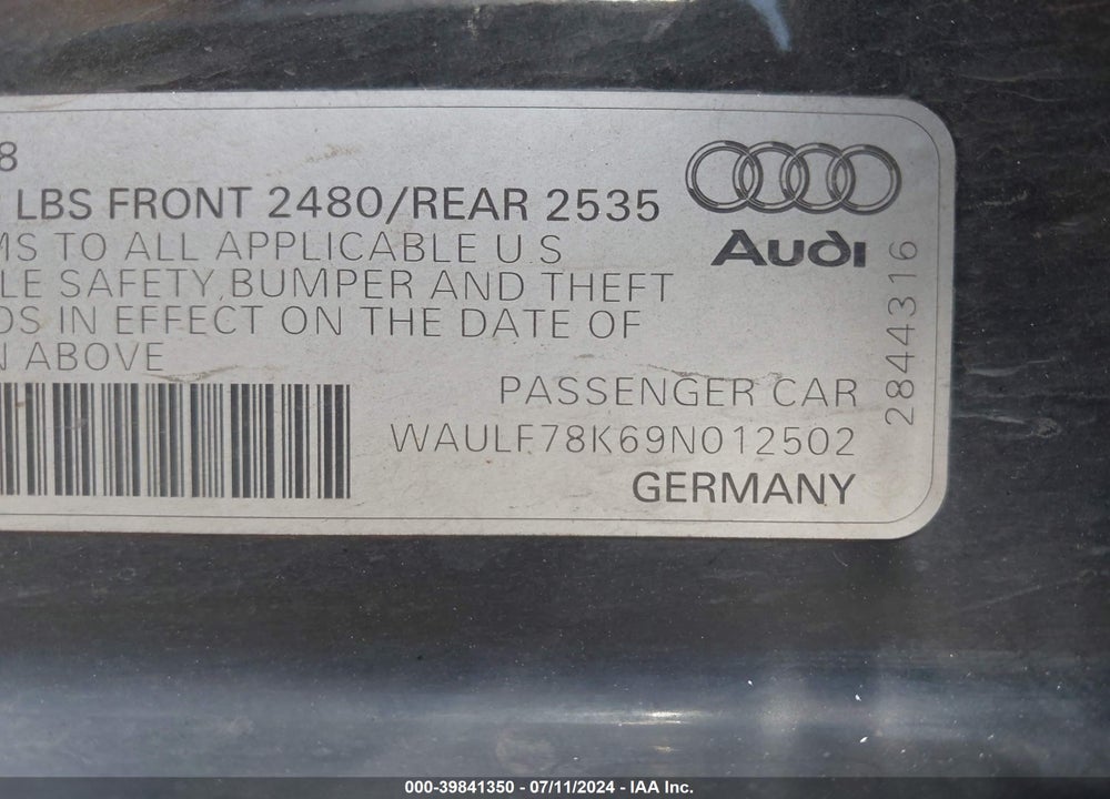 2009 AUDI A4 2.0T PREMIUM VIN: WAULF78K69N012502