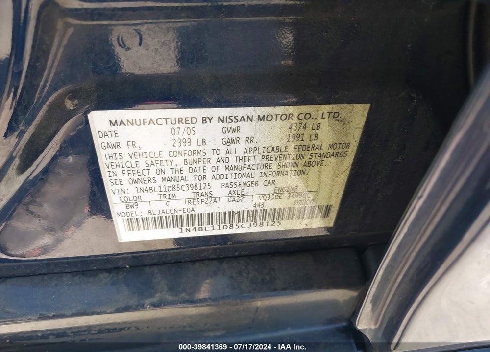 2005 NISSAN ALTIMA 3.5 SE VIN: 1N4BL11D85C398125