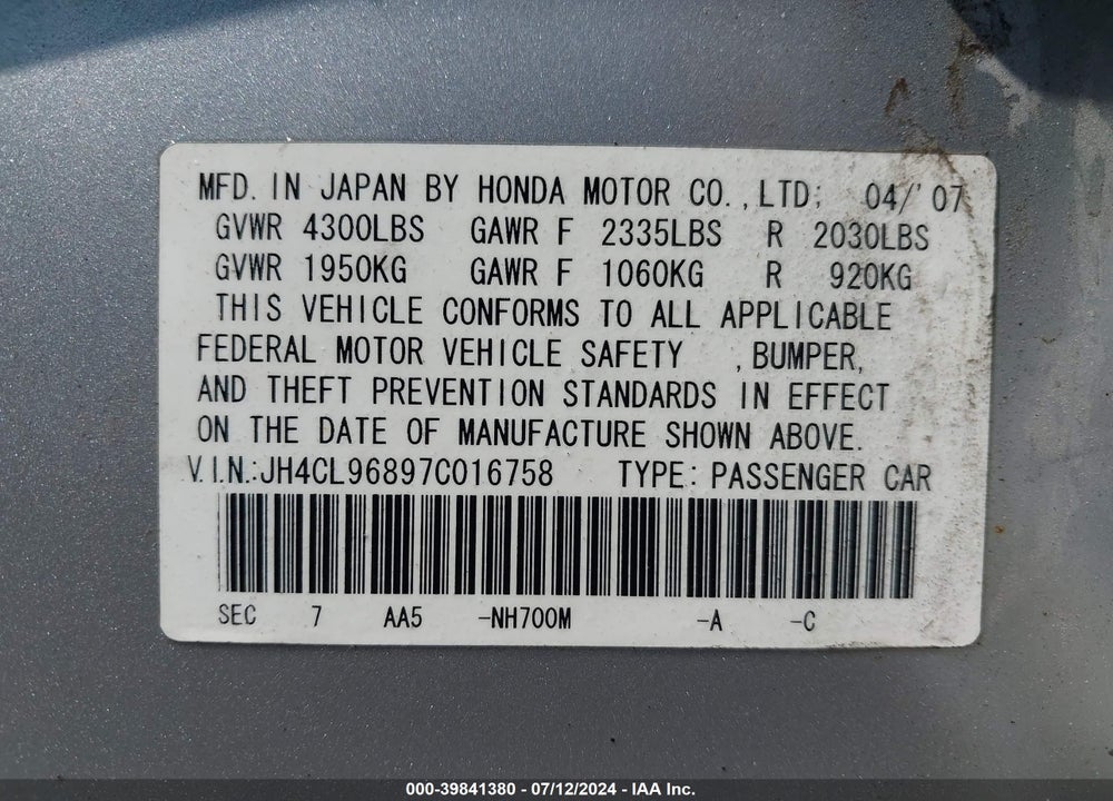 2007 ACURA TSX VIN: JH4CL96897C016758