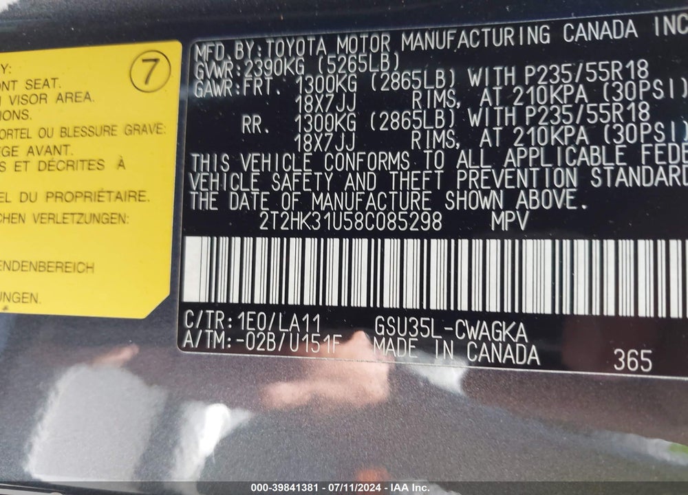 2008 LEXUS RX 350 VIN: 2T2HK31U58C085298