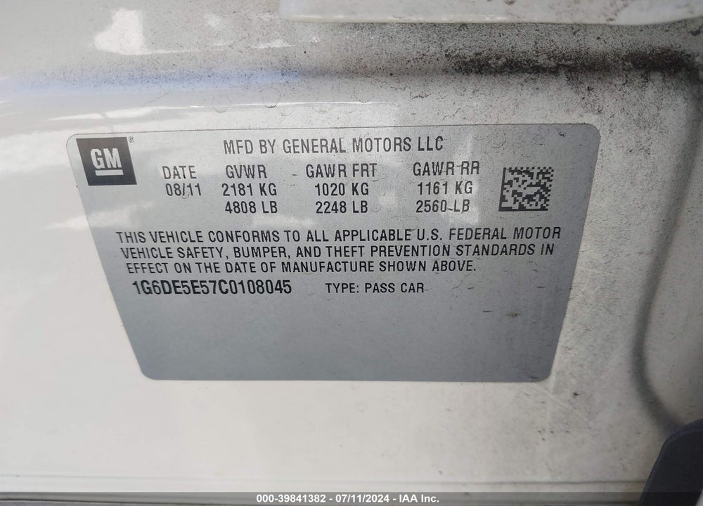 2012 CADILLAC CTS LUXURY VIN: 1G6DE5E57C0108045