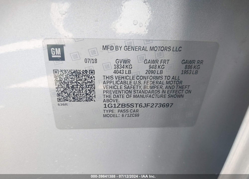 2018 CHEVROLET MALIBU 1LS VIN: 1G1ZB5ST6JF273697