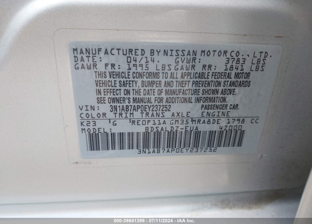2014 NISSAN SENTRA FE+ S/FE+ SV/S/SL/SR/SV VIN: 3N1AB7AP0EY237252