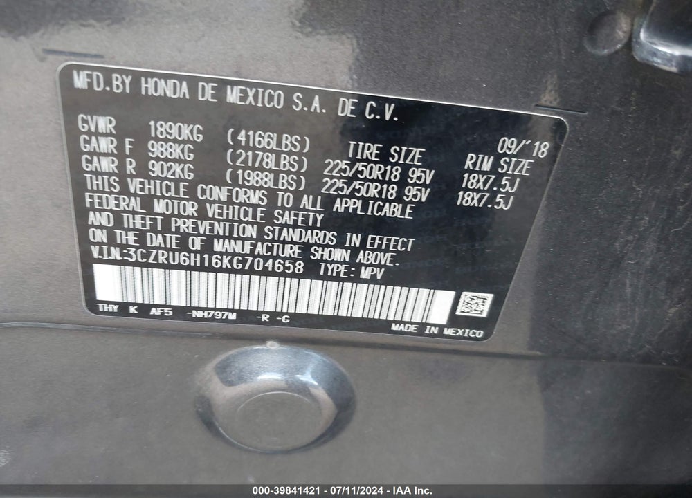 2019 HONDA HR-V VIN: 3CZRU6H16KG704658