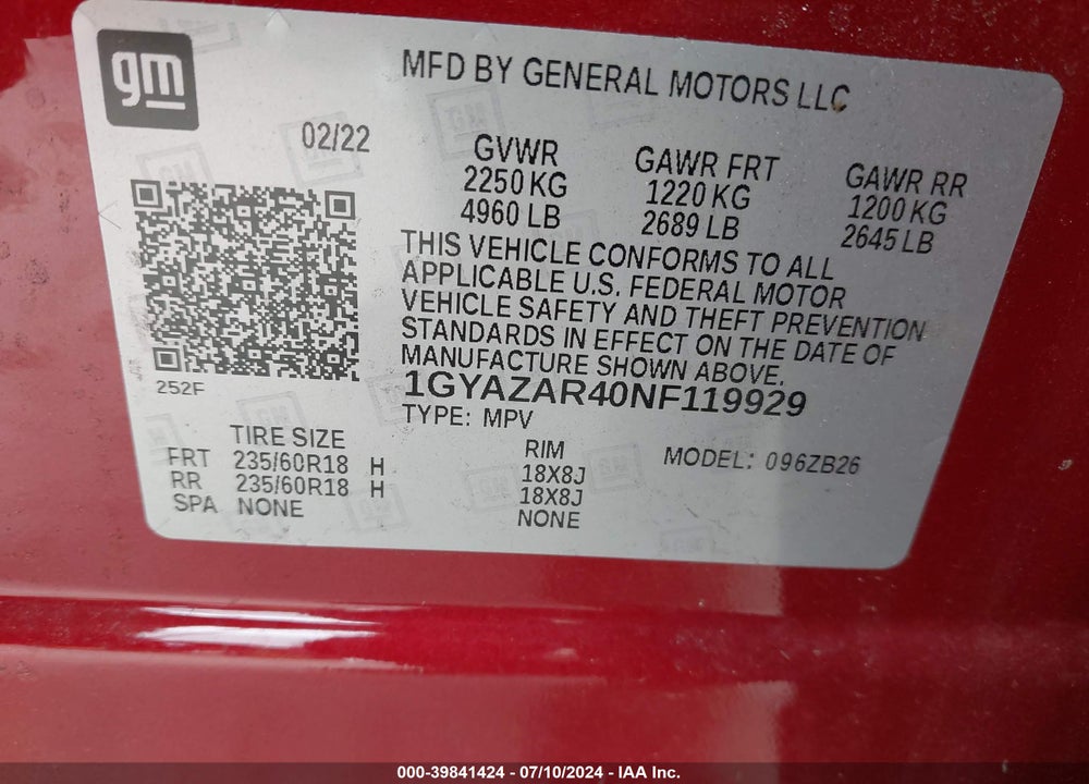2022 CADILLAC XT4 FWD LUXURY VIN: 1GYAZAR40NF119929