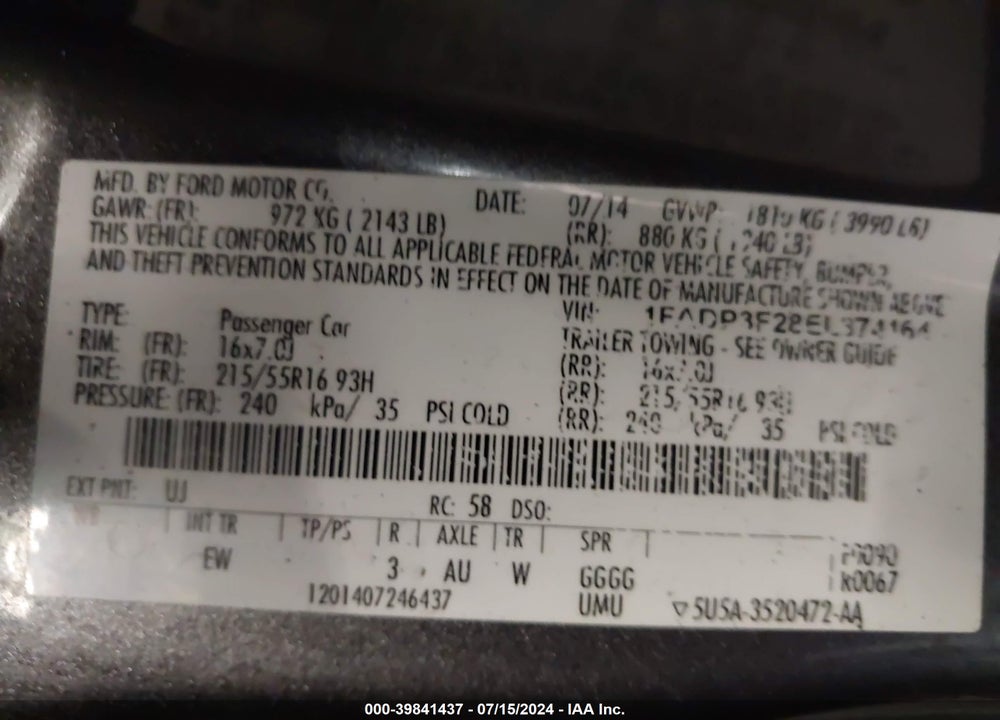 2014 FORD FOCUS SE VIN: 1FADP3F28EL374164