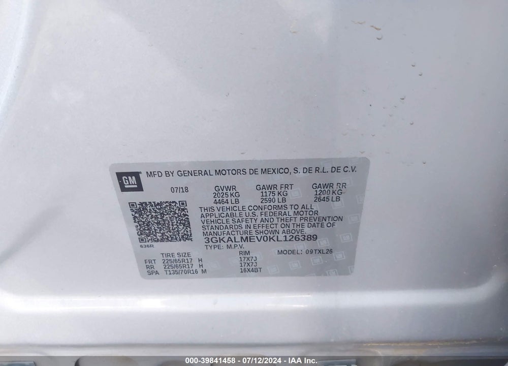 2019 GMC TERRAIN SLE VIN: 3GKALMEV0KL126389