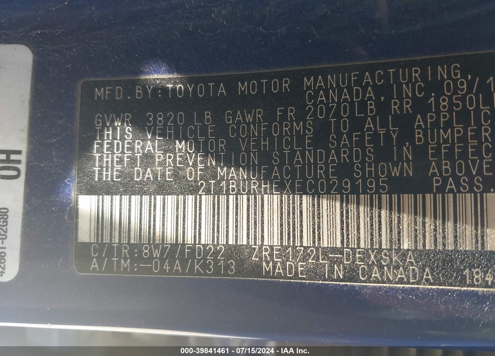 2014 TOYOTA COROLLA S PLUS VIN: 2T1BURHEXEC029195