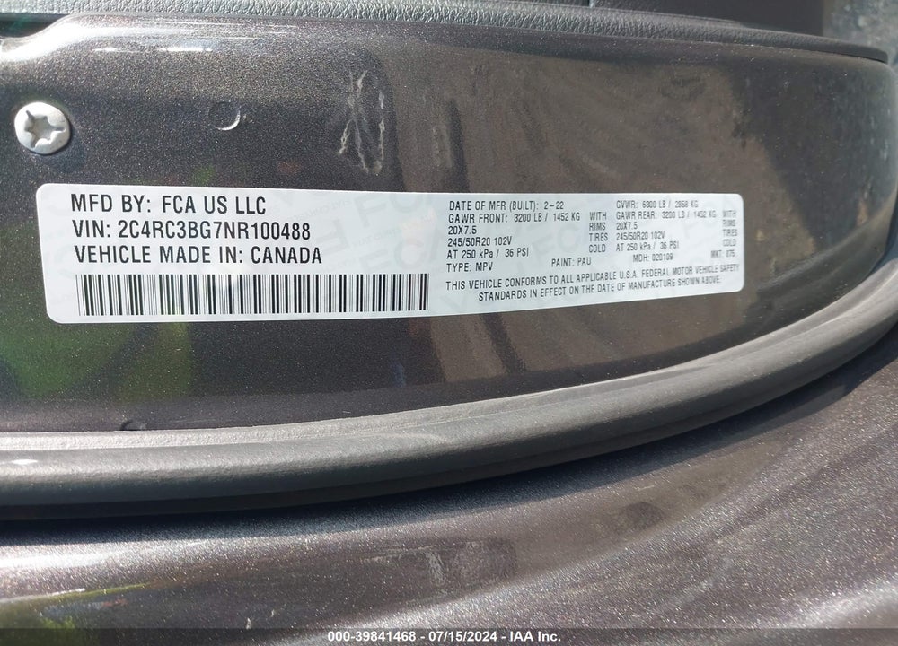 2022 CHRYSLER PACIFICA TOURING L AWD VIN: 2C4RC3BG7NR100488