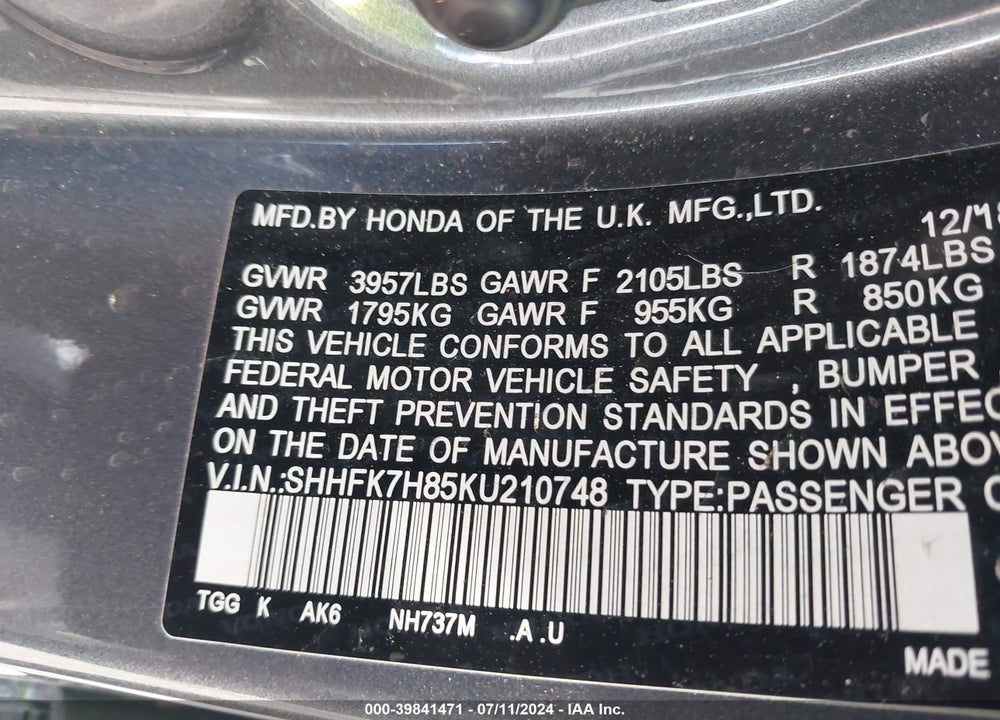 2019 HONDA CIVIC EX-L VIN: SHHFK7H85KU210748