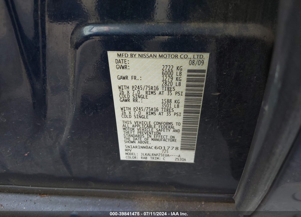 2010 NISSAN PATHFINDER S FE+ VIN: 5N1AR1NN0AC601778