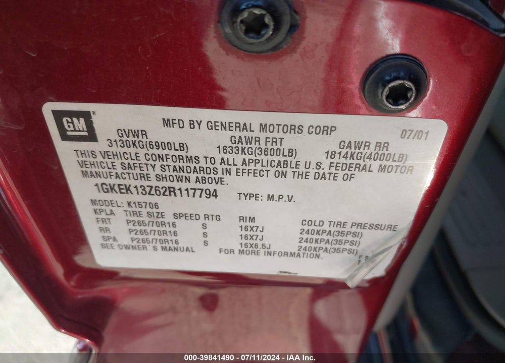 2002 GMC YUKON SLT VIN: 1GKEK13Z62R117794