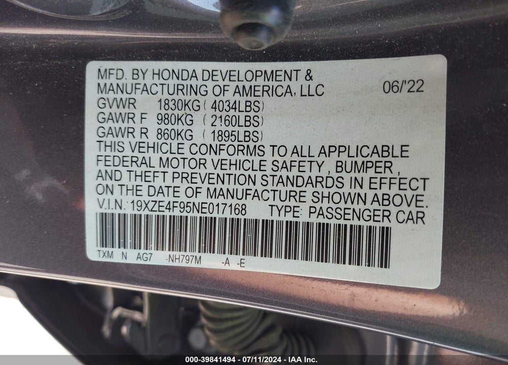 2022 HONDA INSIGHT TOURING VIN: 19XZE4F95NE017168