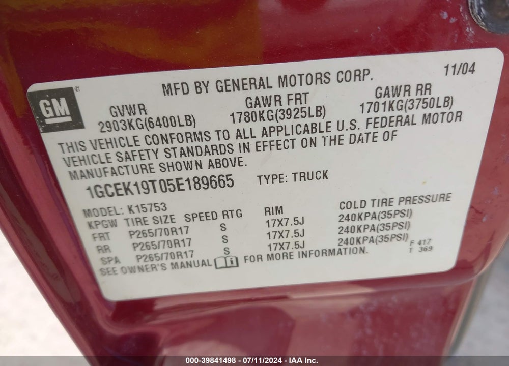 2005 CHEVROLET SILVERADO 1500 LS VIN: 1GCEK19T05E189665