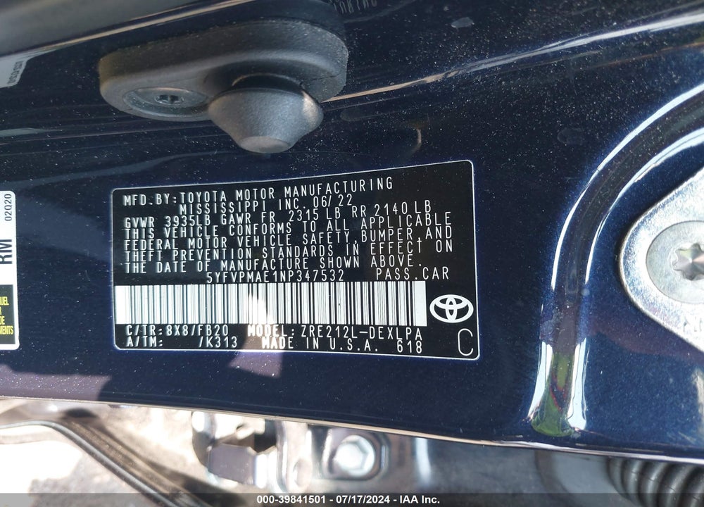 2022 TOYOTA COROLLA LE VIN: 5YFVPMAE1NP347532