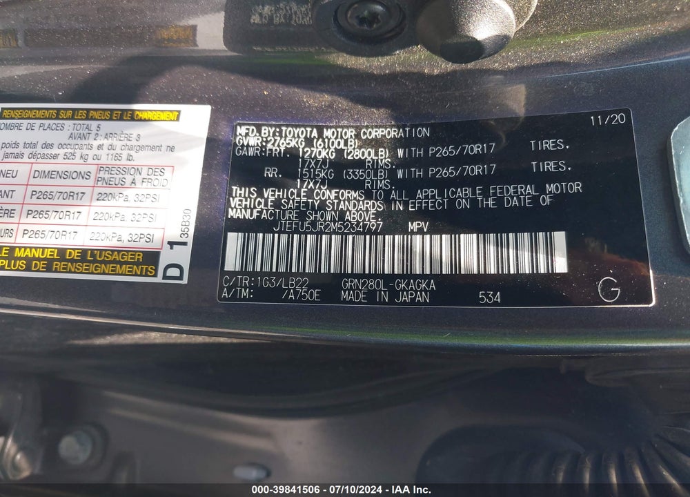 2021 TOYOTA 4RUNNER SR5 PREMIUM VIN: JTEFU5JR2M5234797