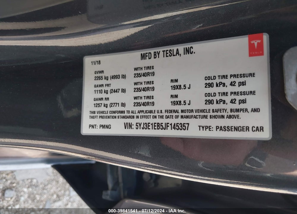 2018 TESLA MODEL 3 LONG RANGE/PERFORMANCE VIN: 5YJ3E1EB5JF145357