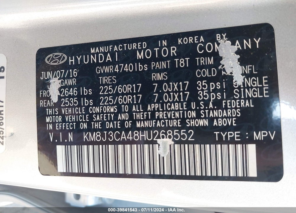 2017 HYUNDAI TUCSON SE VIN: KM8J3CA48HU268552
