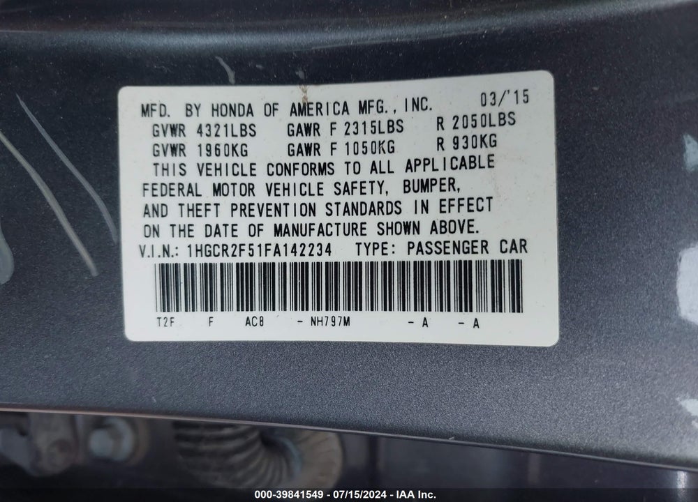2015 HONDA ACCORD SPORT VIN: 1HGCR2F51FA142234