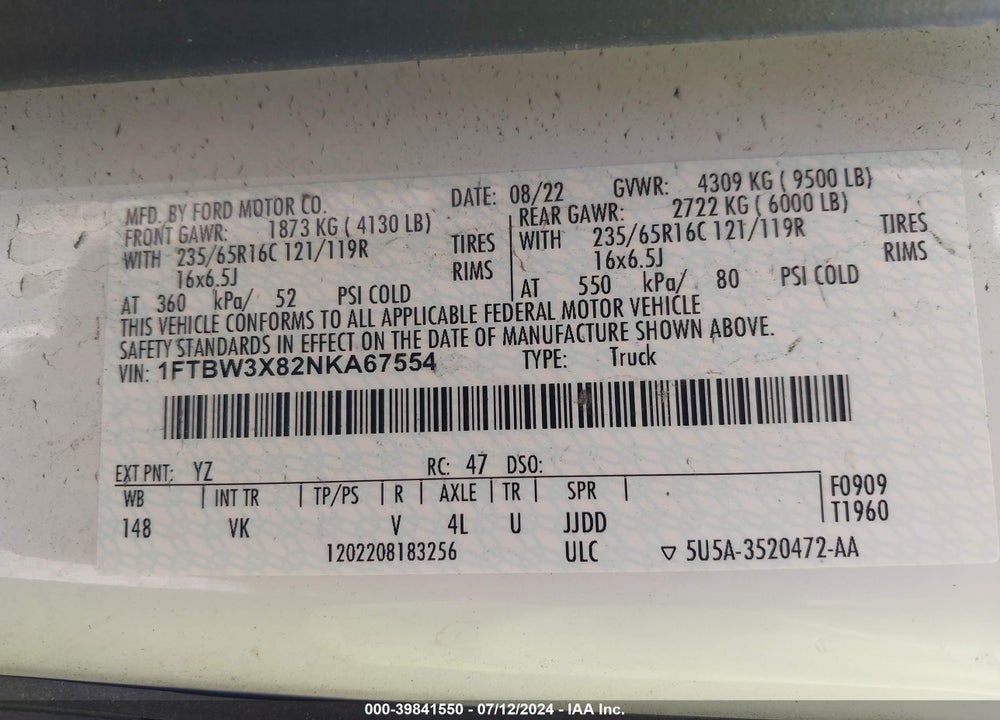 2022 FORD TRANSIT-350 CARGO VAN VIN: 1FTBW3X82NKA67554