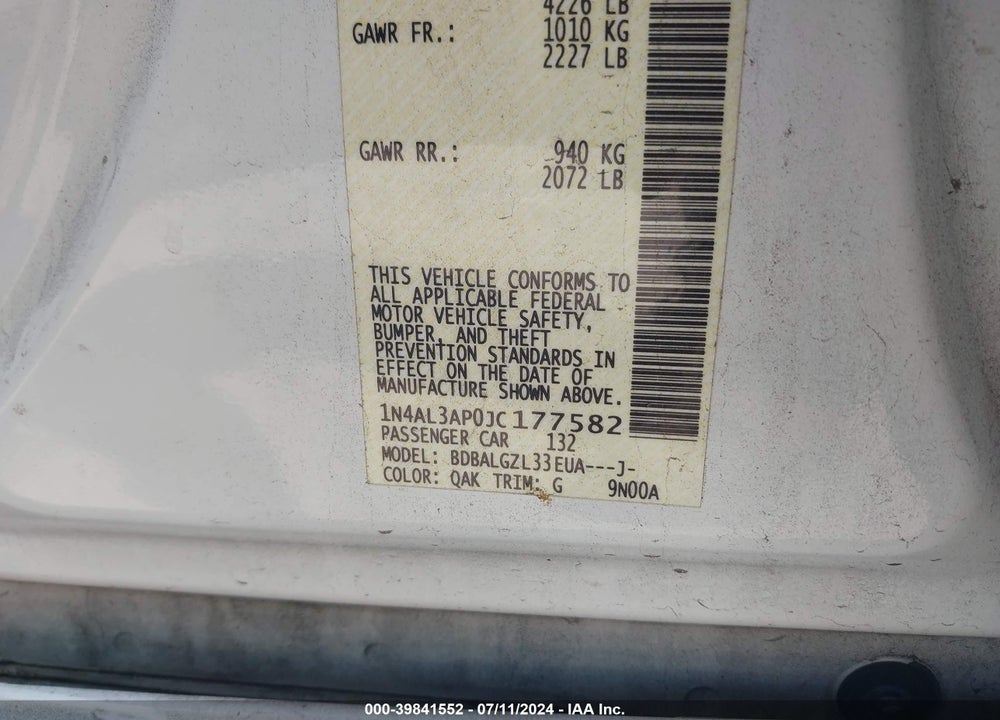 2018 NISSAN ALTIMA 2.5 S VIN: 1N4AL3AP0JC177582
