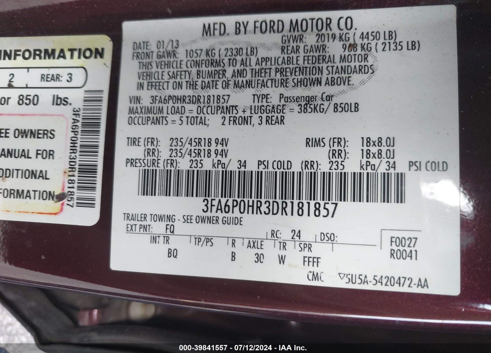 2013 FORD FUSION VIN: 3FA6P0HR3DR181857