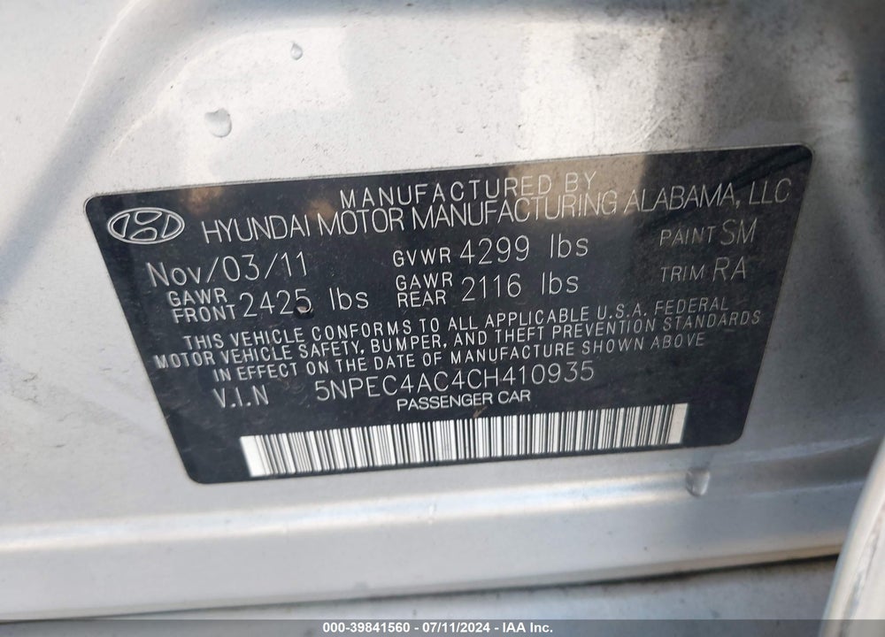 2012 HYUNDAI SONATA SE VIN: 5NPEC4AC4CH410935
