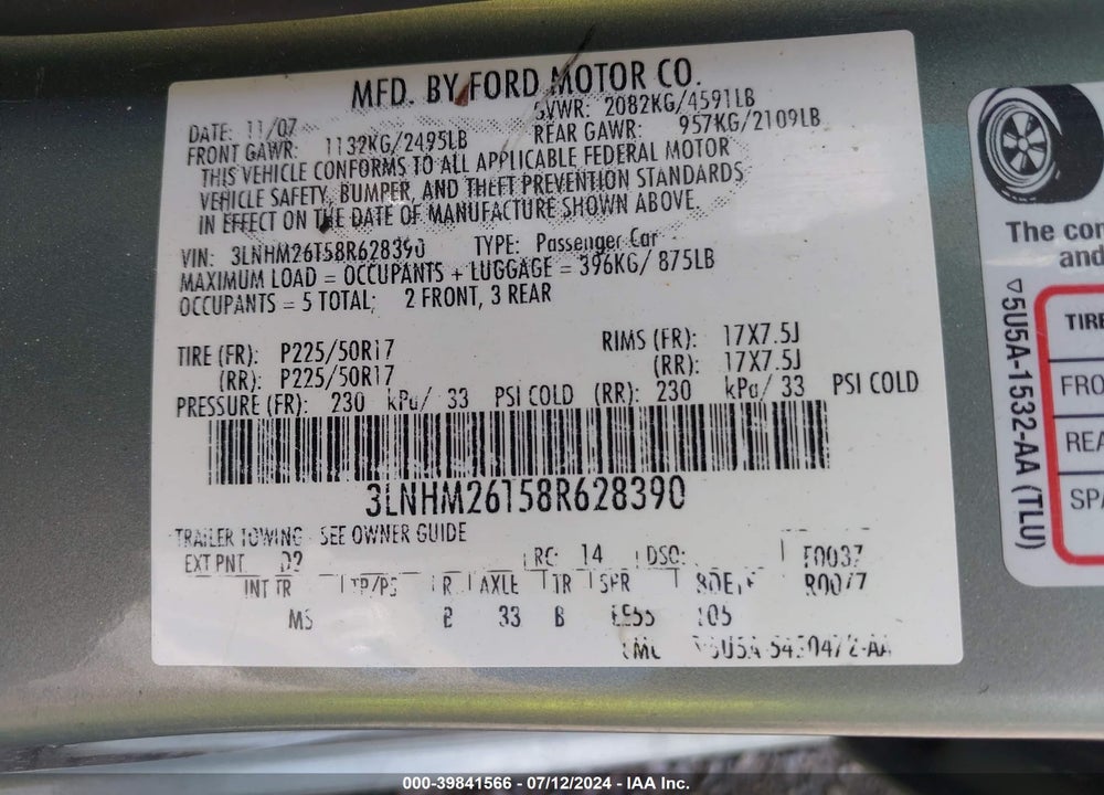 2008 LINCOLN MKZ VIN: 3LNHM26T58R628390