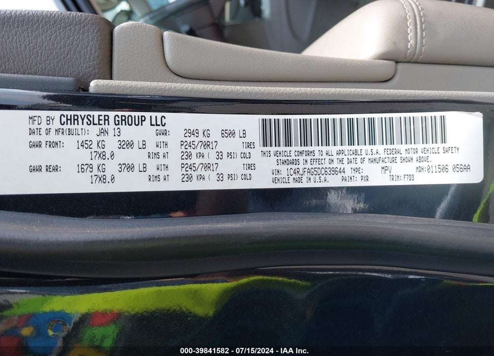 2013 JEEP GRAND CHEROKEE LAREDO VIN: 1C4RJFAG5DC639644