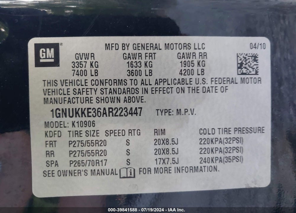 2010 CHEVROLET SUBURBAN 1500 LTZ VIN: 1GNUKKE36AR223447