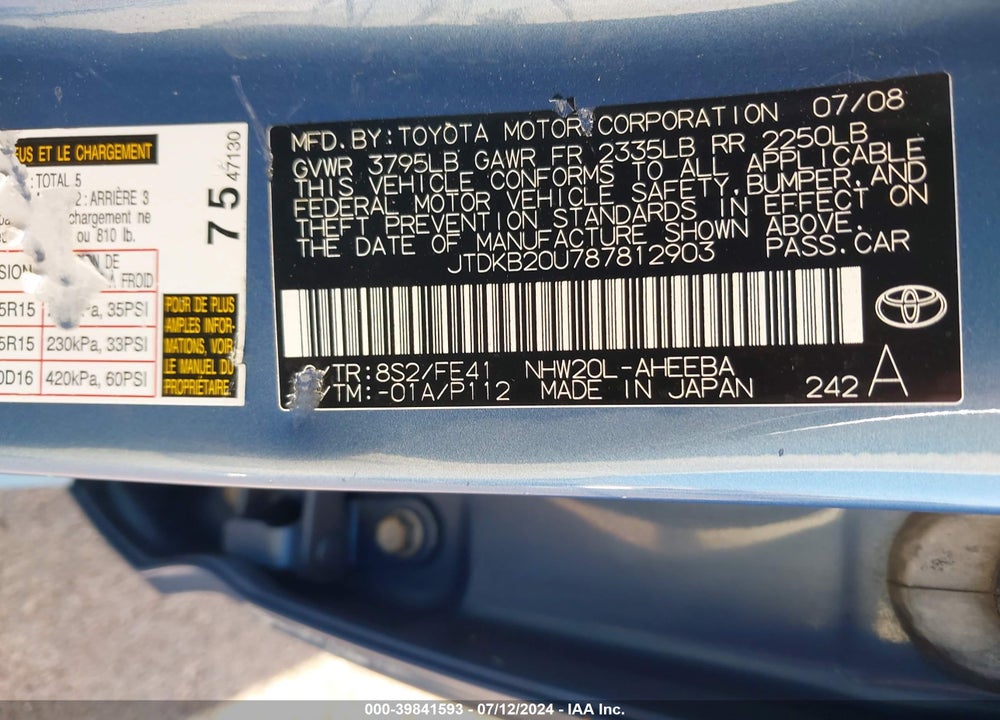 2008 TOYOTA PRIUS VIN: JTDKB20U787812903