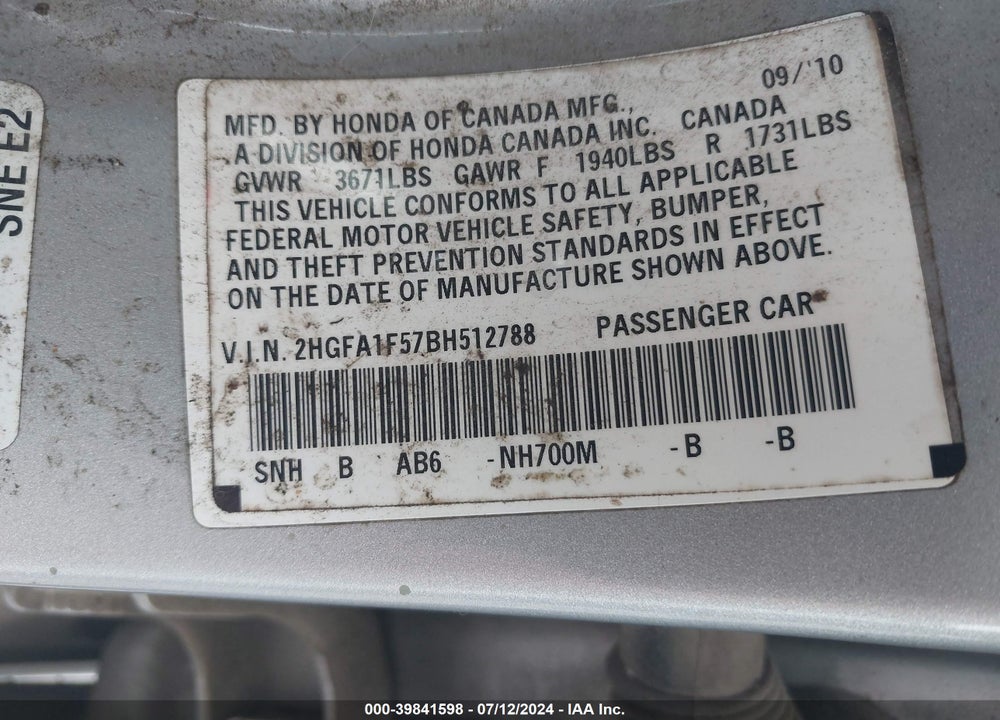 2011 HONDA CIVIC LX VIN: 2HGFA1F57BH512788