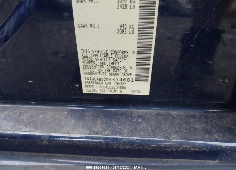 2019 NISSAN ALTIMA 2.5 S VIN: 1N4BL4BV2KN314681