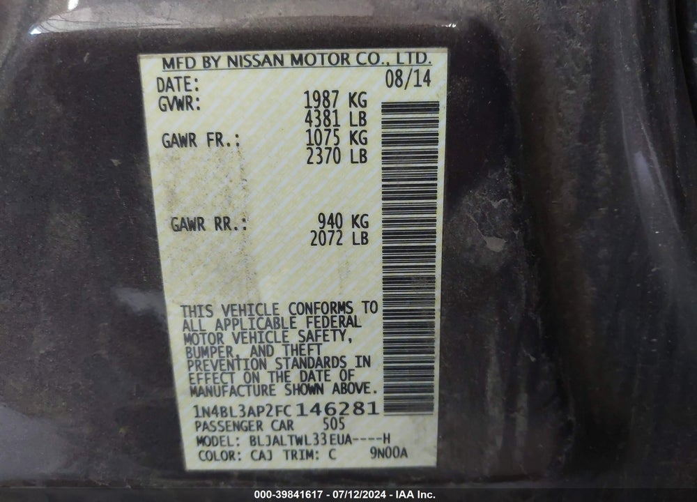 2015 NISSAN ALTIMA 3.5 SL VIN: 1N4BL3AP2FC146281