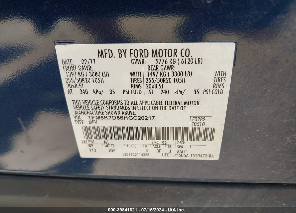 2017 FORD EXPLORER XLT VIN: 1FM5K7D86HGC20217